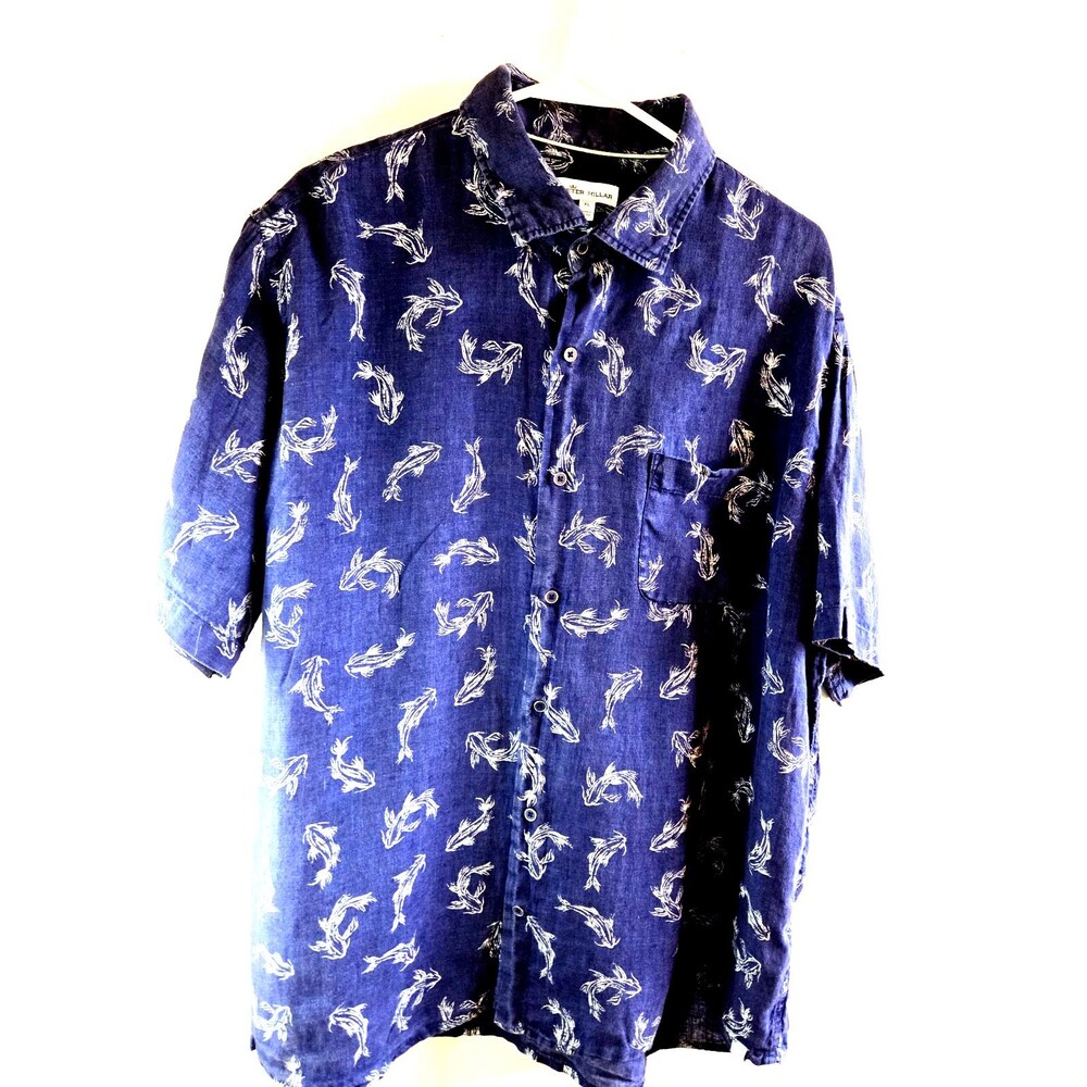 Peter Millar Men's XL Blue Koi Fish Print Short Sleeve Button Shirt